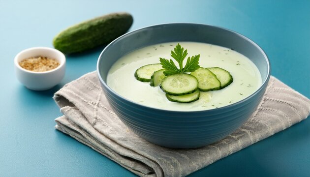 Fresh healthy cucumber soup in bowl on blue background