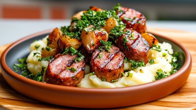 Traditional dutch stamppot with kale served on rustic earthenware