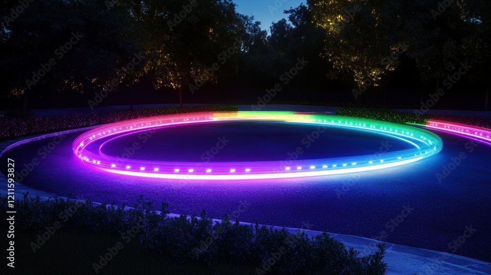Poster circular led light path glowing in rainbow colors at night with trees in the background