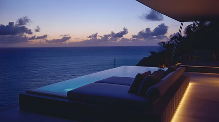 Fototapeta premium Luxury Oceanfront Villa with Infinity Pool at Sunset