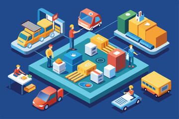 This illustration shows logistics activities in a distribution center with vehicles and workers at work, Logistics Customizable Isometric Illustration