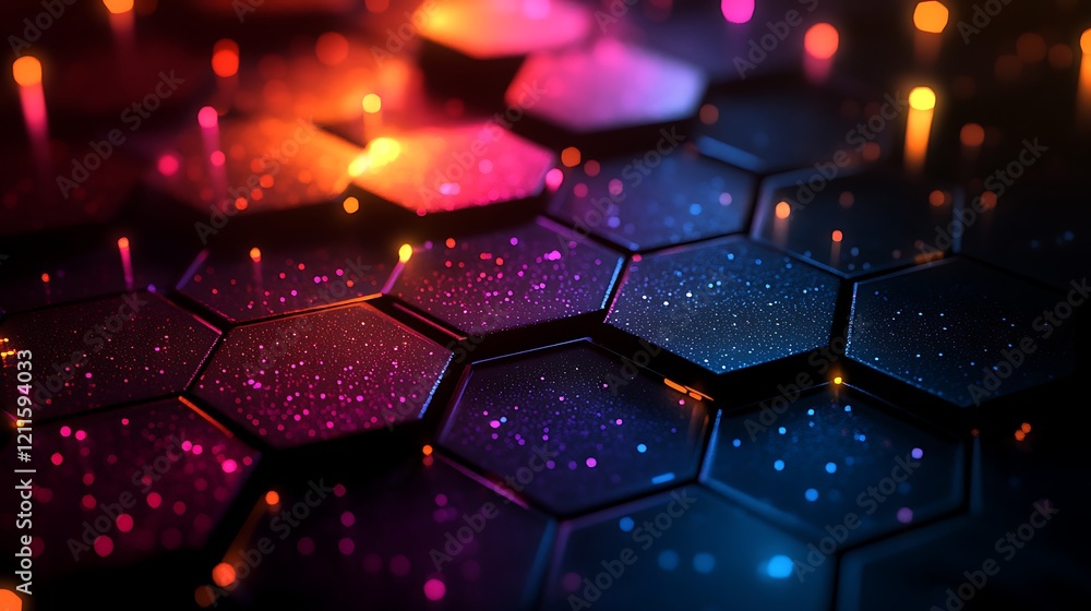 Wall mural a dark background with an abstract grid of glowing hexagon
