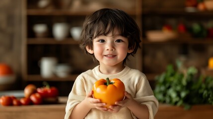 Fototapeta premium Joyful moment of a young boy holding a yellow bell pepper in a cozy kitchen setting