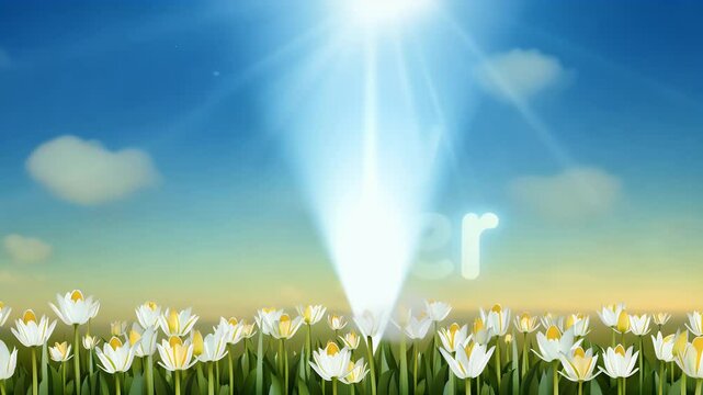 Dynamic Happy Easter text with light beams and serene field of lilies accompanied by animated rolling clouds above