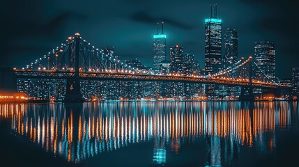Fototapeta premium Night Cityscape Bridge Illuminated City Lights Reflection