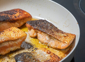 Cooked Salmon Filet in a White Pan Close-Up