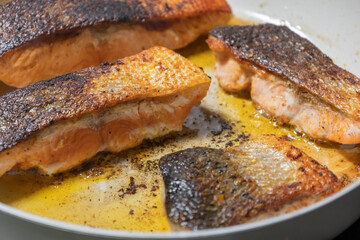Cooked Salmon Filet in a White Pan Close-Up