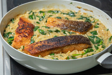 Close-up of a cooked salmon filet with orzo pasta and spinach in a white pan, showcasing a healthy and delicious meal