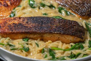 Close-up of a cooked salmon filet with orzo pasta and spinach in a white pan, showcasing a healthy and delicious meal