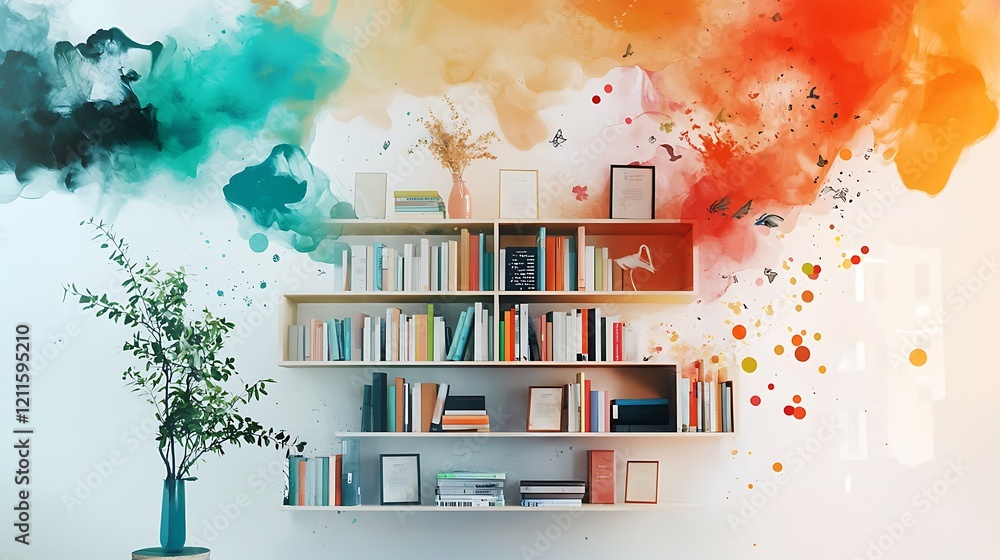 Poster a bookshelf filled with books in multiple languages representing diversity in literacy