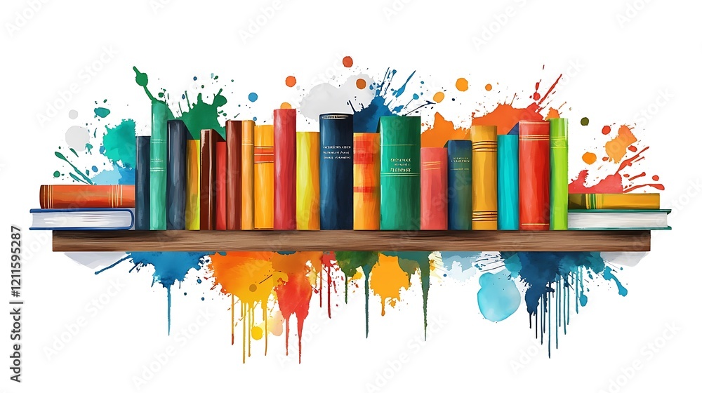 Poster a bookshelf filled with books in multiple languages representing diversity in literacy