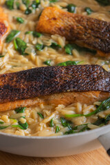 Close-up of a cooked salmon filet with orzo pasta and spinach in a white pan, showcasing a healthy and delicious meal