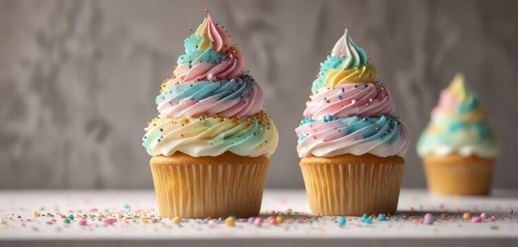 Colorful cupcake tower adorned with swirled buttercream frosting and multicolored sprinkles, party decor, swirled buttercream, cupcake decorations