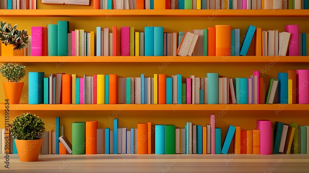 Poster a bookshelf filled with colorful animated books