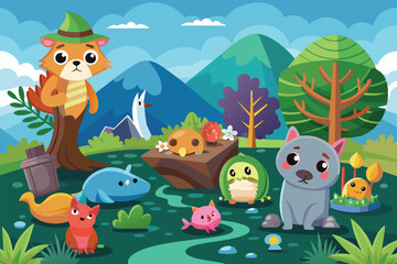 A vibrant cartoon portrays animals in a habitat, highlighting the theme of biodiversity loss in nature, Loss of biodiversity Customizable Cartoon Illustration