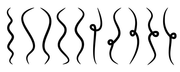 Set thick line elements are snaking. Hand drawn Swoosh vector letter set underlines lines. Swoosh elements, and swoop underline typography form tails in a flat style. Swaying winding, twisting lines.