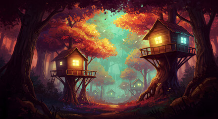A digital artwork depicting a whimsical village of treehouses in a magical forest.