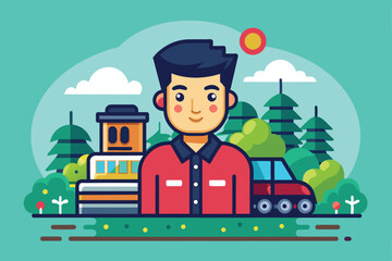 A cheerful young man stands in a vibrant landscape filled with trees, houses, and vehicles under the sun, Lost Customizable Semi Flat Illustration