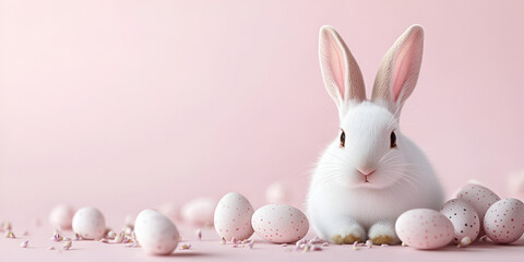 Fototapeta premium White Bunny with Easter Eggs and Pink Flowers