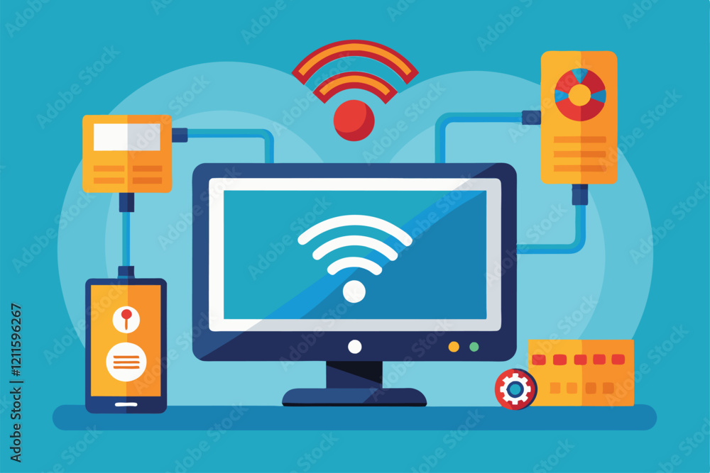Poster the computer displays a lost wireless connection symbol while displaying connected devices nearby, l