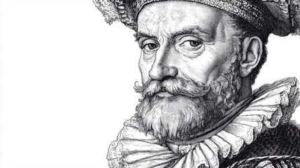 Detailed black and white engraving of a bearded man with ornate hat