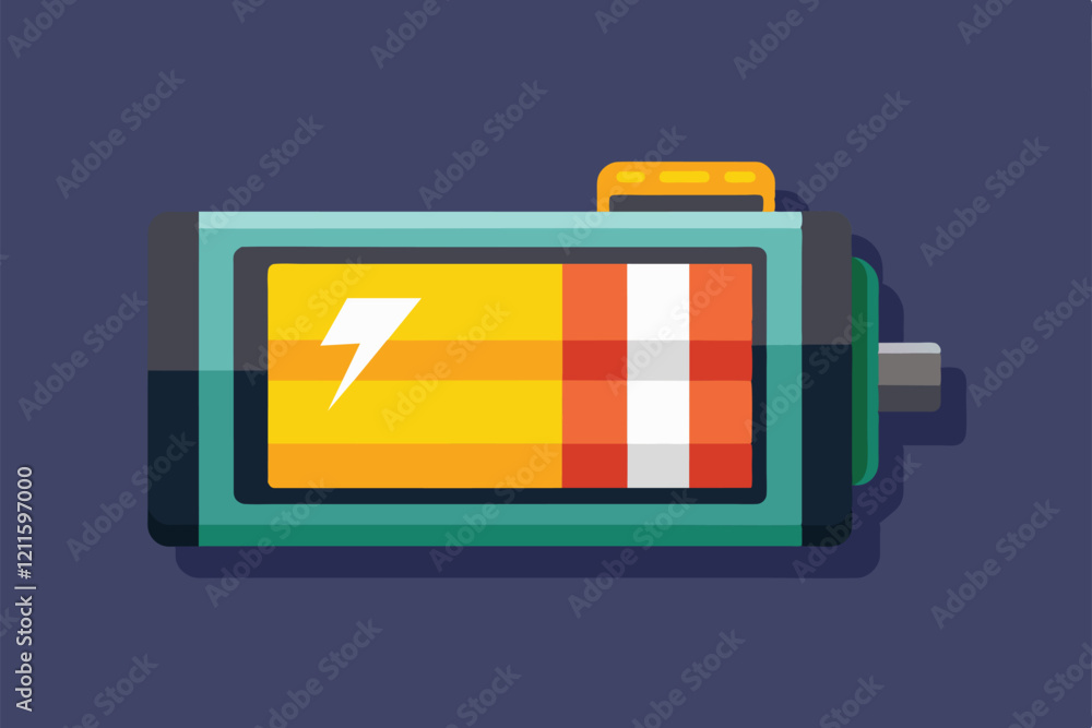Poster a flat illustration of a low battery icon with customizable features, prominently displaying its ene