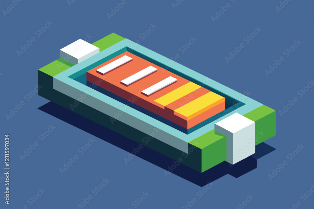 Poster a dynamic isometric representation of a low battery, featuring colorful segments and a modern design