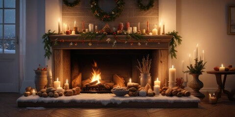 Fototapeta premium Cozy winter holiday scene featuring a beautifully decorated mantel with candles and festive dough treats, winter holiday, winter wonderland