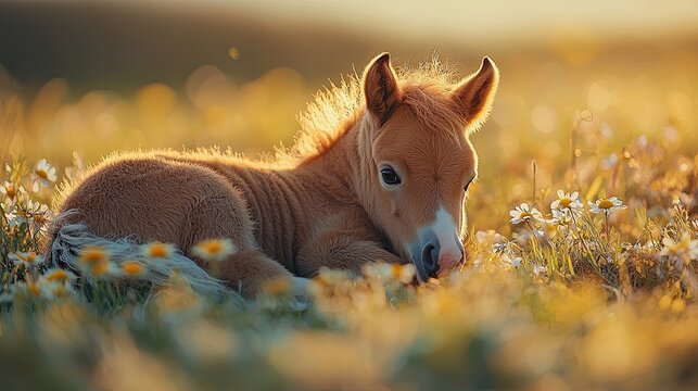 Cute newborn foal resting in a sunlit meadow filled with wildflowers during a warm afternoon