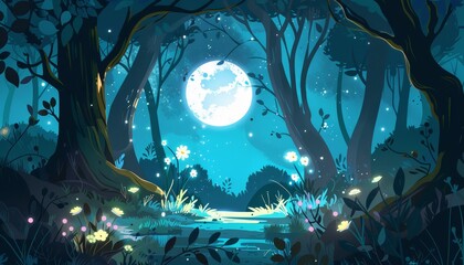 Naklejka premium A magical forest scene with a full moon shining bright over a path lined with flowers.