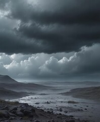 Obraz premium Dark grey clouds with a hint of blue on the horizon, with misty rain falling gently from above, rain, landscape, atmosphere