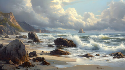 Obraz premium Majestic Coastal Scene: Dramatic Ocean Waves Crashing on Rocky Shore