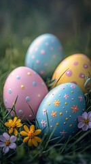 Fototapeta premium Colorful decorated eggs nestled among spring flowers in a grassy field during Easter celebrations