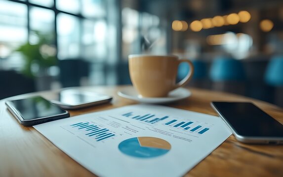 Coffee, phones, and financial charts on a cafe table.
