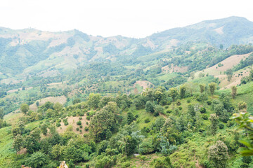 Aerial view. High mountain views and the verdant farmland of the countryside in  Sakat, Pua District, Nan, Thailand