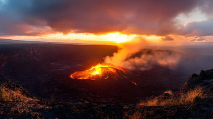 Fototapeta premium Majestic Volcanic Eruption at Sunset: A Fiery Landscape Spectacle