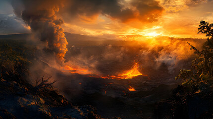 Fototapeta premium Fiery Sunset Over Volcanic Eruption: A Dramatic Landscape