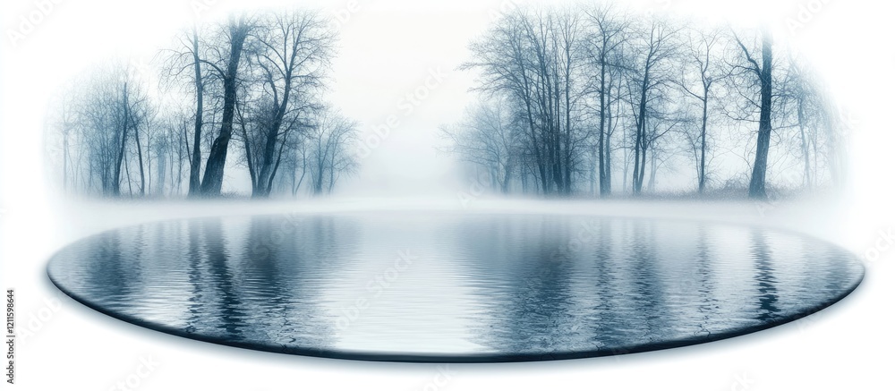 Fototapete Serene foggy landscape with calm circular water reflection surrounded by leafless trees in soft blue tones creating a tranquil nature atmosphere