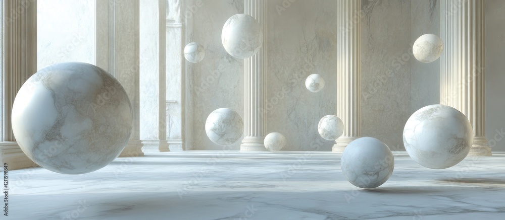 Poster marble spherical balloons in varying sizes gently float above a light marble floor against a soft wh