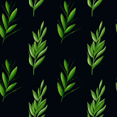 Beautiful colourful green branch with leaves on a black background, seamless pattern.Watercolor digital illustration.For fabric, textiles, wallpaper, wrapping paper, wrappers, covers, prints, clothing