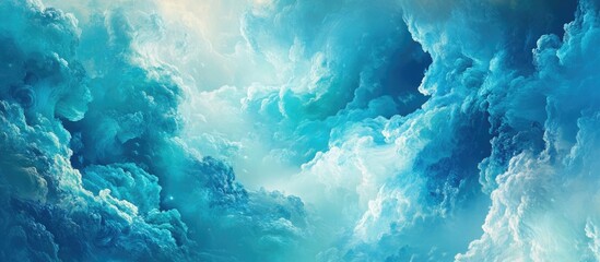 Enchanting panorama of billowing blue and turquoise clouds fills the upper section, blending seamlessly into a lighter sky background.