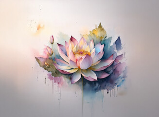 A vibrant lotus flower blossoms against a soft, watercolor background.  Petals in shades of pink, purple, and yellow, with buds and leaves, create a serene image.  