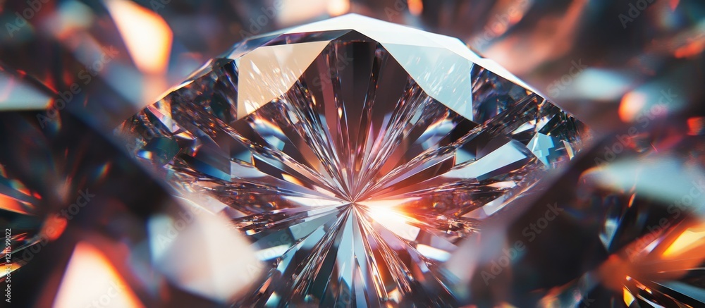Poster glittering diamond with intricate facets and vibrant reflections positioned centrally against a blur