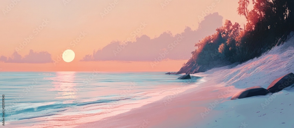 Poster serene beach sunset with soft pink and orange hues reflecting on calm waters, gentle waves lapping o