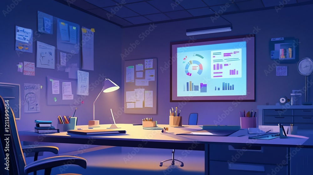 Poster an office interior with illuminated desk and screen displaying graphs and charts, papers on wall