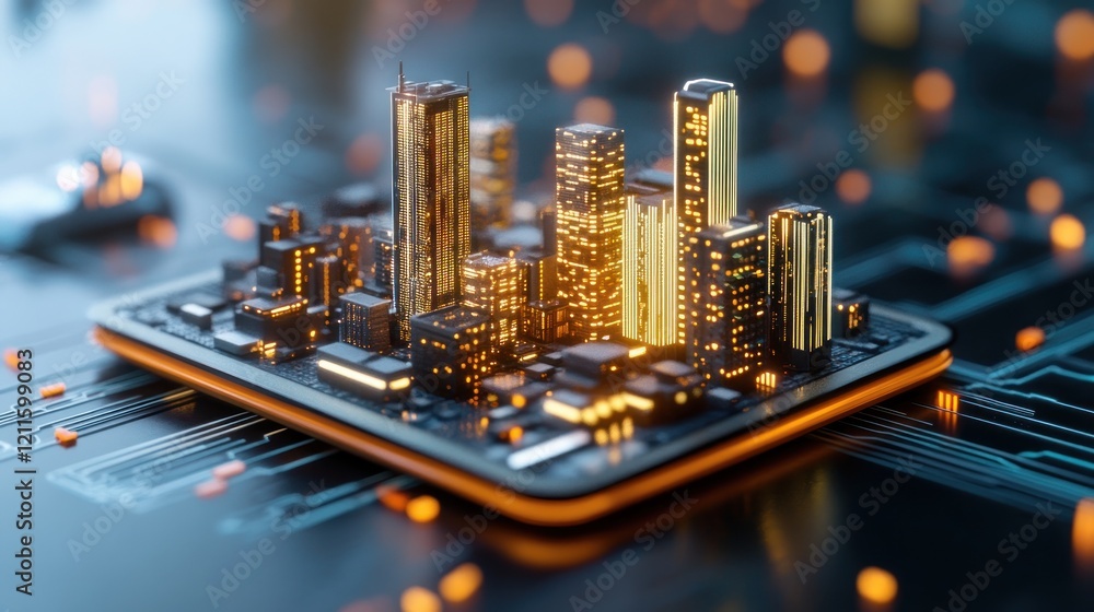 Poster cityscape model on circuit board with glowing buildings and modern architecture