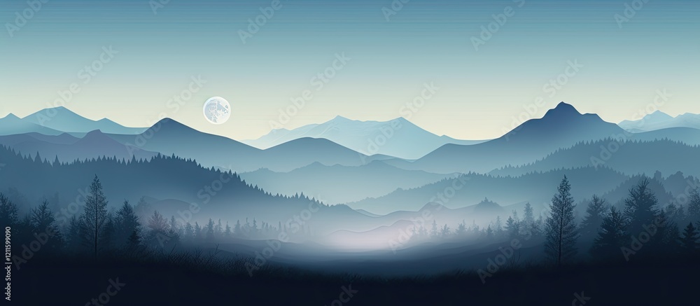 Poster misty blue mountains create a serene landscape with a crescent moon in the background and gentle for