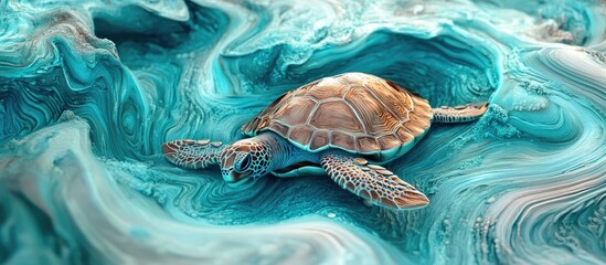 3D turtle gliding through vibrant turquoise sea with swirling patterns showcasing marine life realism and intricate texture details in artwork