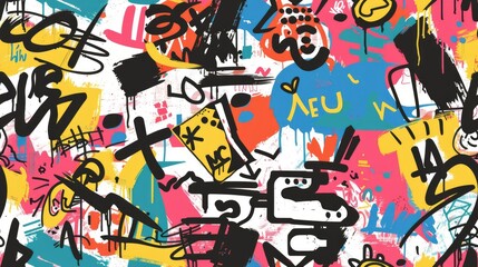 A vibrant abstract design featuring colorful splashes, shapes, and graffiti-like elements.