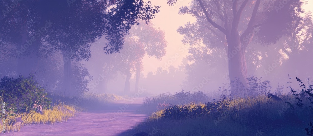 Aufkleber Serene misty forest path at dawn with soft purple hues; surrounded by trees and vegetation, creating a tranquil and mysterious atmosphere.